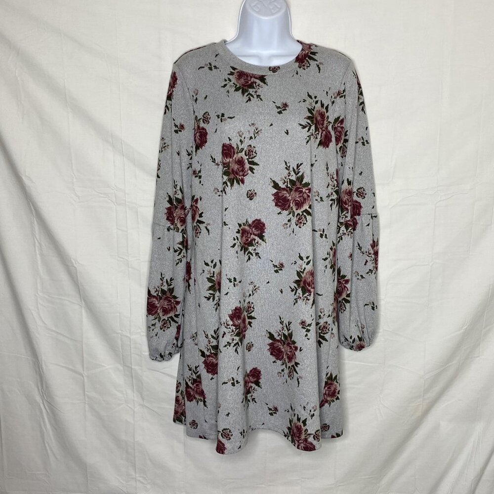 As U Wish (Sz XL) Gray Long Sleeve Sweater Pull-over Dress with Red Roses